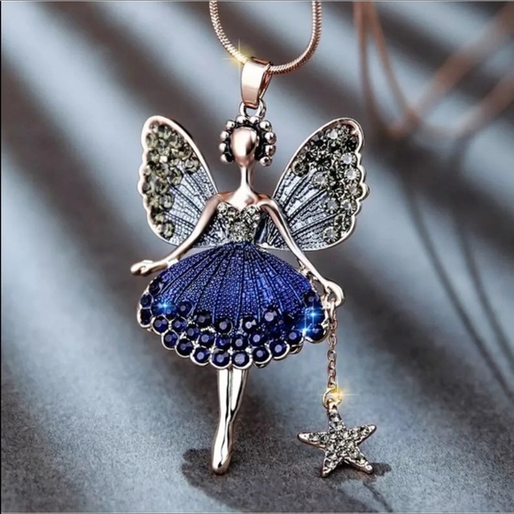 NEW. Silver Tone Fairy Girl & Blue Rhinestones long Necklace. - Picture 2 of 8